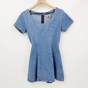 Vintage Guess Denim Dress 90s Fit Flare Blue Back Zip Tie Waist 5 Y2k Americana